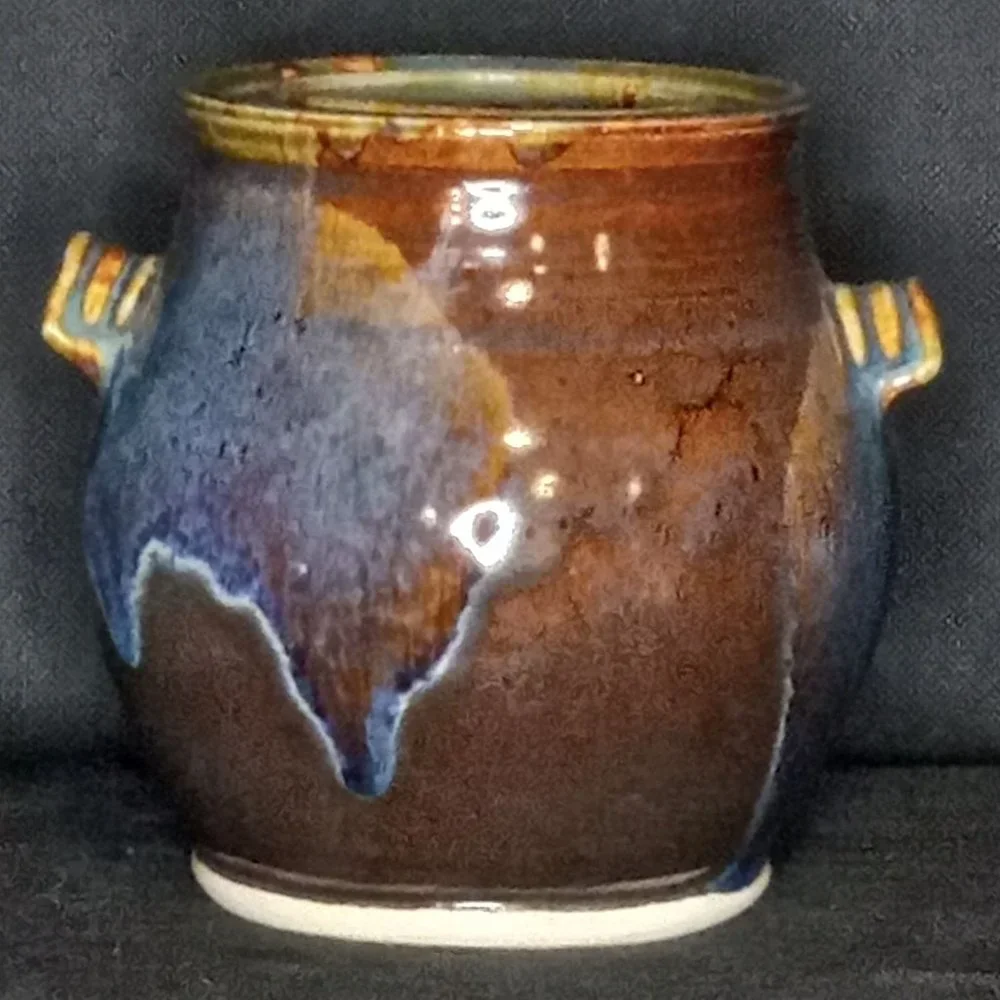 Artist Signed Studio Pottery Vase Pot Planter Vessel Two Handles Glazed‎ Boho